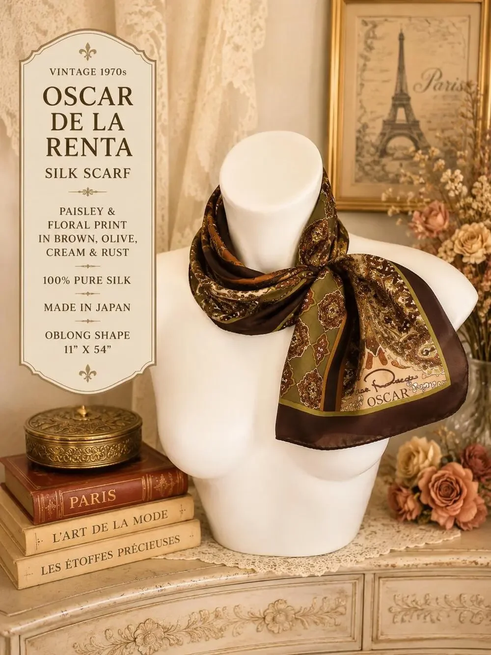Vintage 70s Oscar de la Renta Silk Scarf Brown Olive Paisley 11x54 Oblong